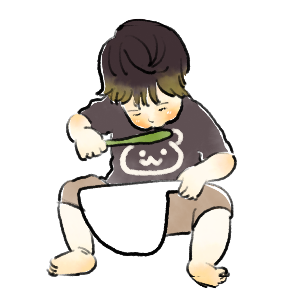 お皿を抱えて、スプーンで食べている子どものイラスト