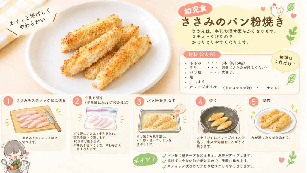 ささみのパン粉焼きのレシピ。牛乳に浸してやわらかく、スティック状でかじり取りやすい