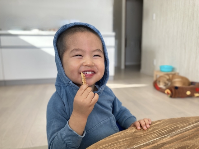 おやつのビスケットを手に持って笑う幼児