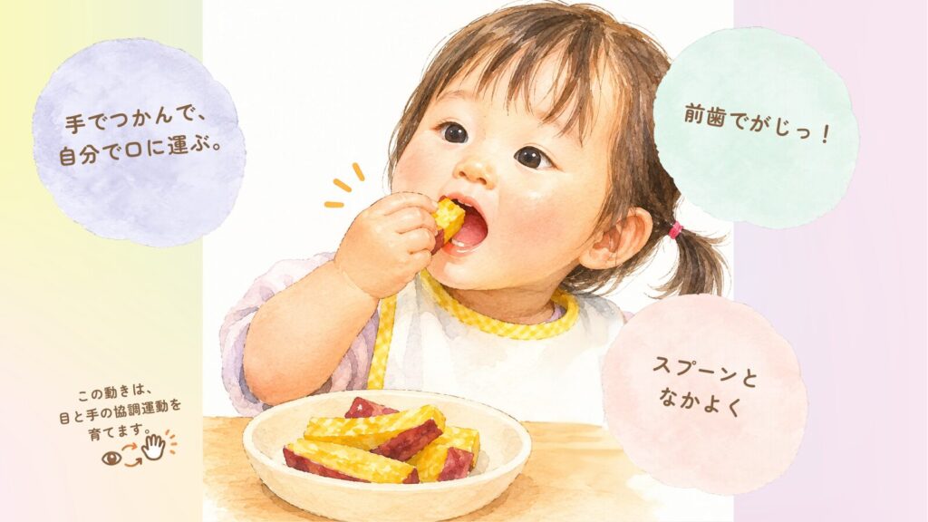手づかみ食べの3ステップ。手でつかんで口に運ぶ、前歯でかじる、スプーンとなかよく