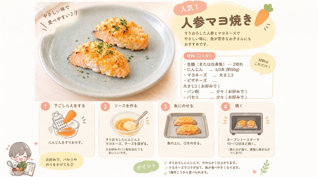 鮭の人参マヨ焼きのレシピ。すりおろしたにんじんとマヨネーズで、しっとり食べやすい